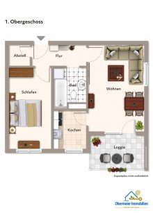 Grundriss 1. OG Renovierte 2-Zimmer-Mietwohnung mit Loggia und Duplex-Stellplatz